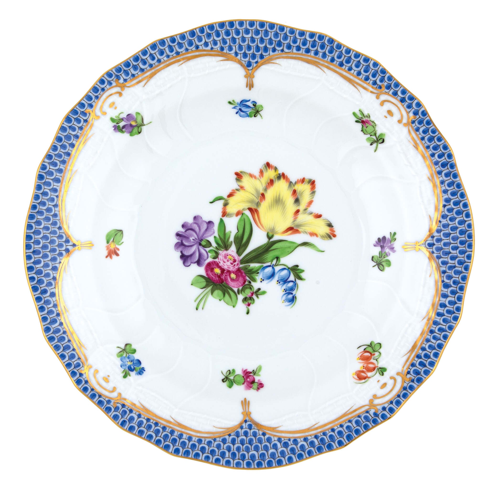 Hand-painted Herend Printemps Blue Border Dessert Plate in fine porcelain, 8.25in D,, Motif 6, on a white background