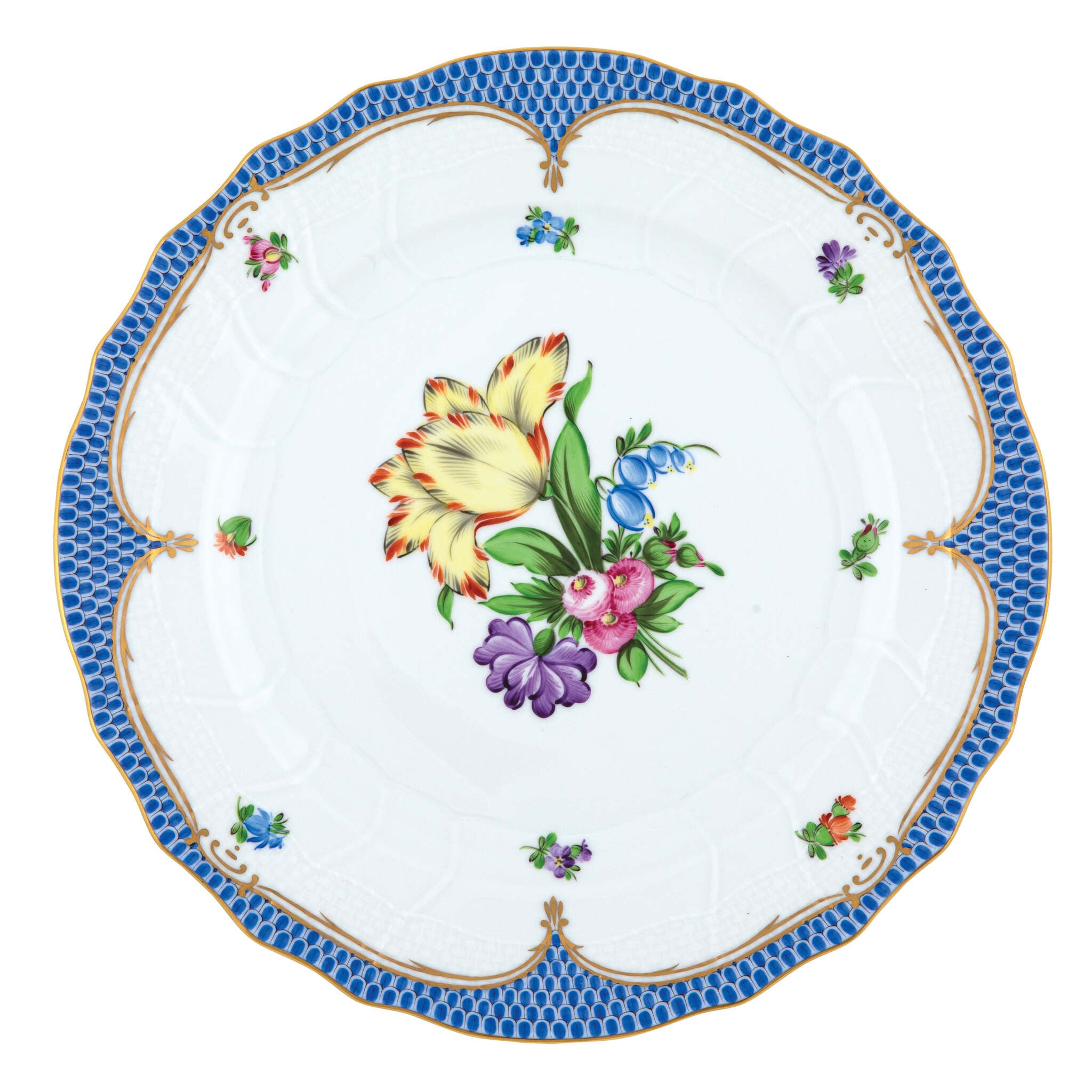 Hand-painted Herend Printemps Blue Border Dinner Plate in fine porcelain, 10.5in D,, Motif 6, on a white background