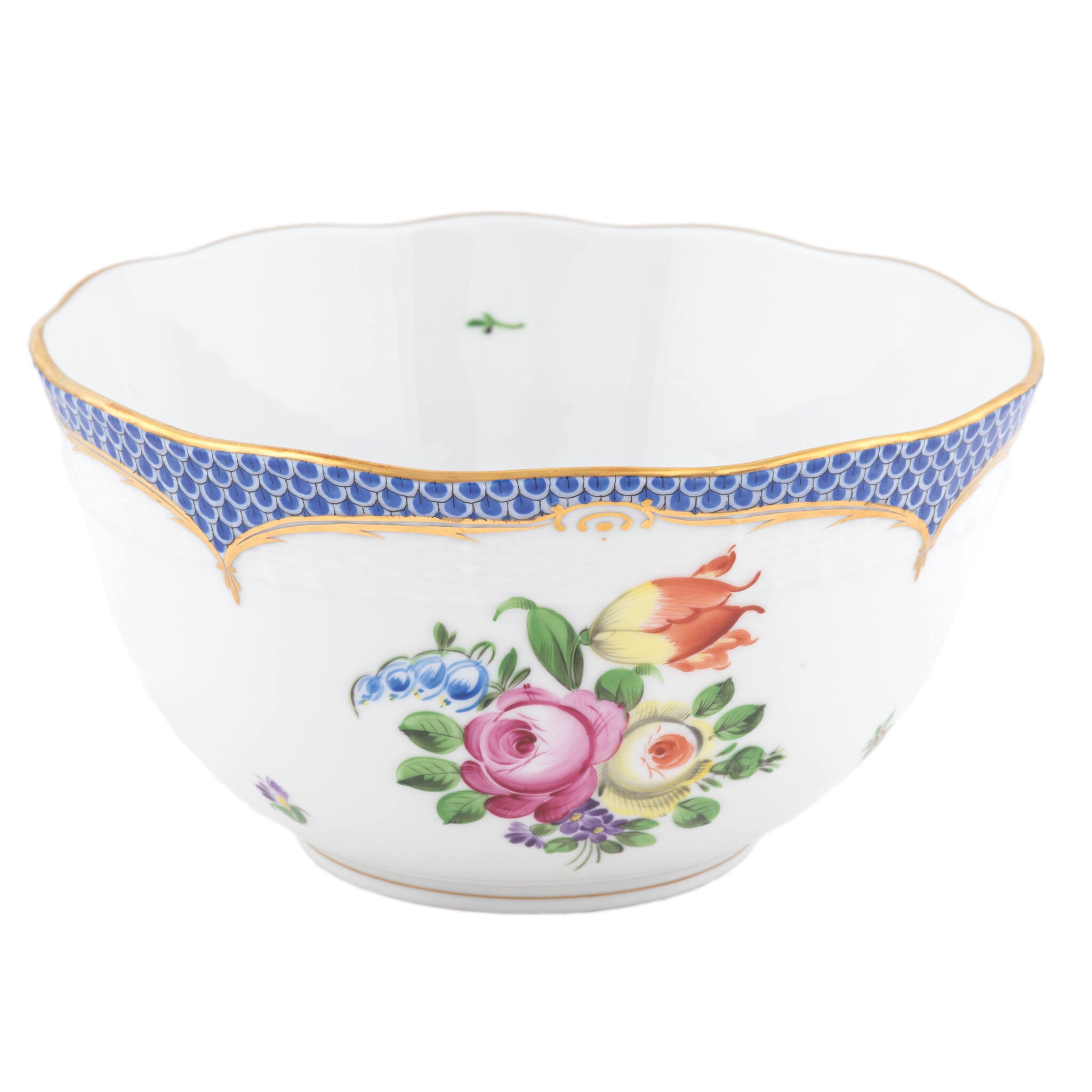 Hand-painted Herend Printemps Blue Border Round Bowl in fine porcelain, (3.5 PT) 7.5in D, on a white background