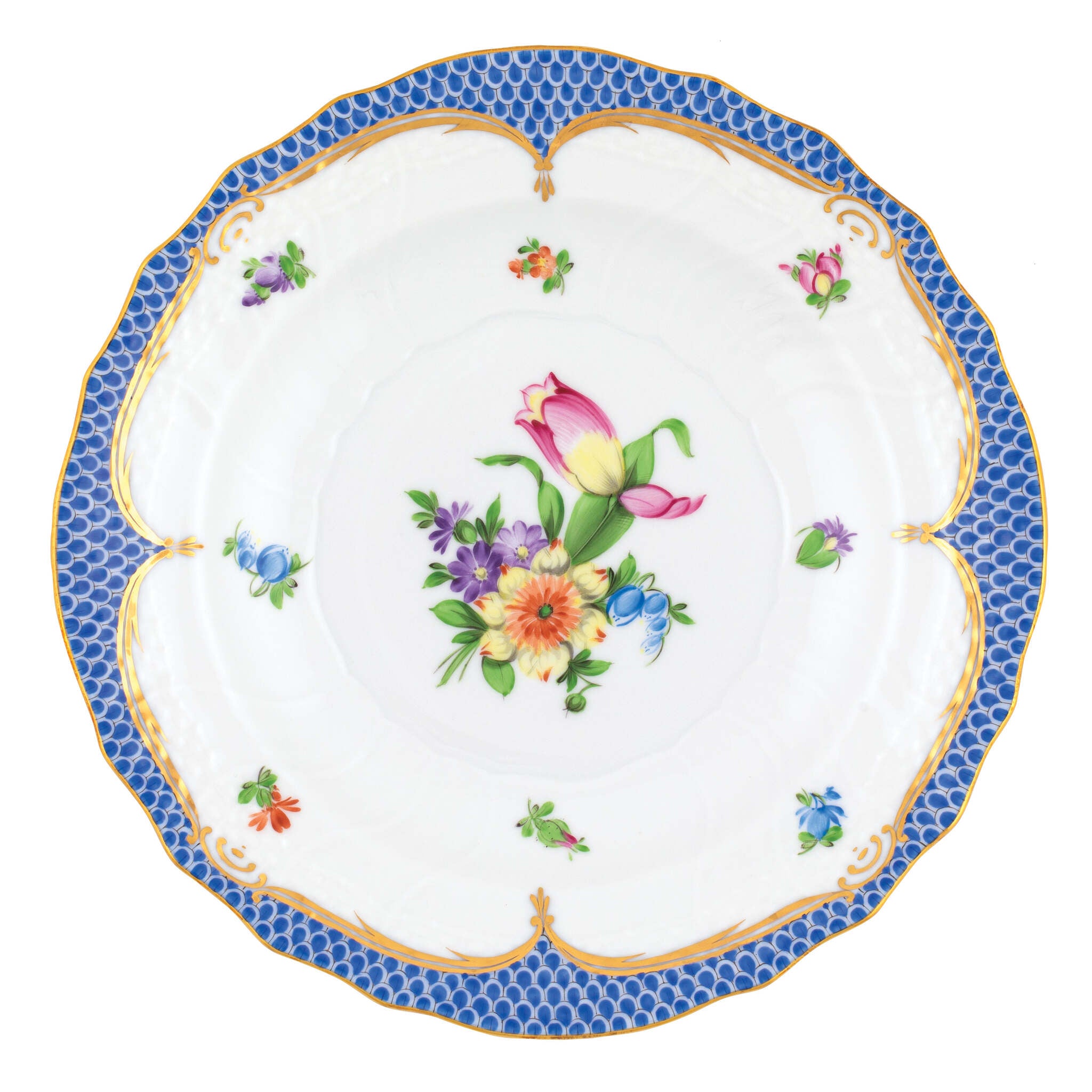 Hand-painted Herend Printemps Blue Border Salad Plate in fine porcelain, 7.5in D,, Motif 3, on a white background