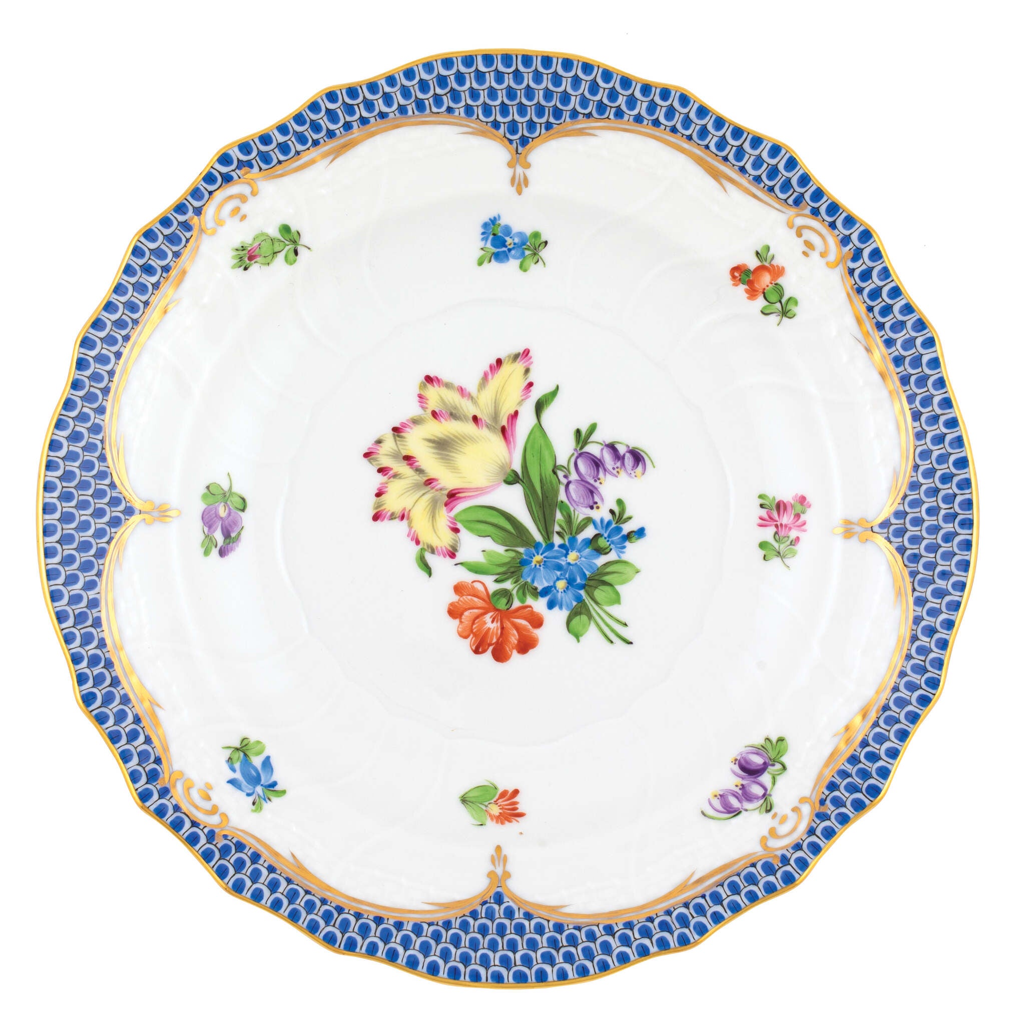 Hand-painted Herend Printemps Blue Border Salad Plate in fine porcelain, 7.5in D,, Motif 5, on a white background