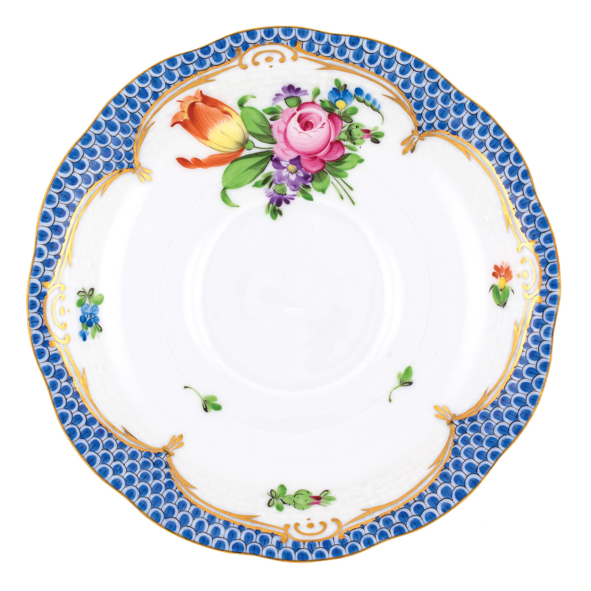 Hand-painted Herend Printemps Blue Border Tea Saucer Cup & Saucer Set in fine porcelain, 6in D,, Motif 2, on a white background