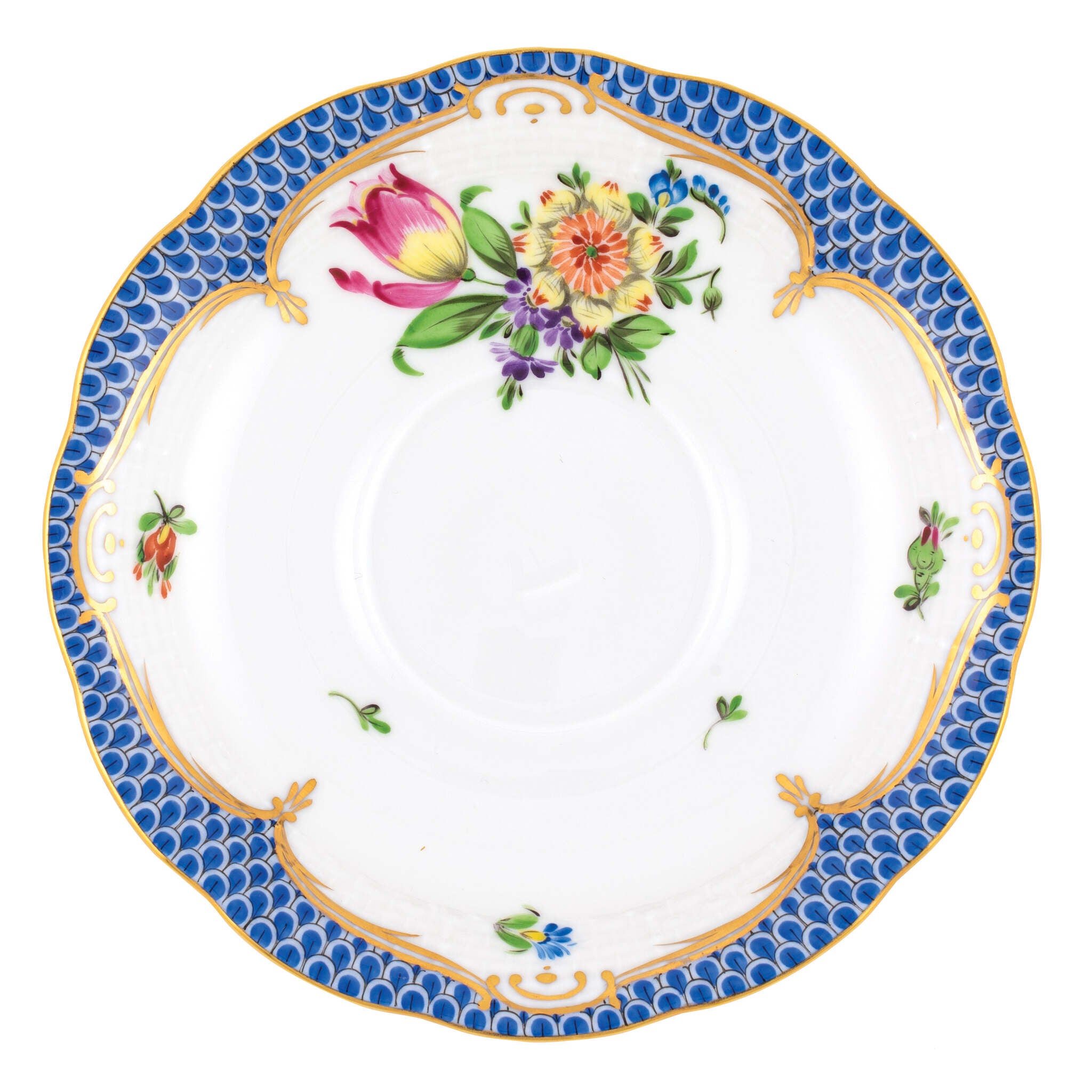 Hand-painted Herend Printemps Blue Border Tea Saucer Cup & Saucer Set in fine porcelain, 6in D,, Motif 3, on a white background