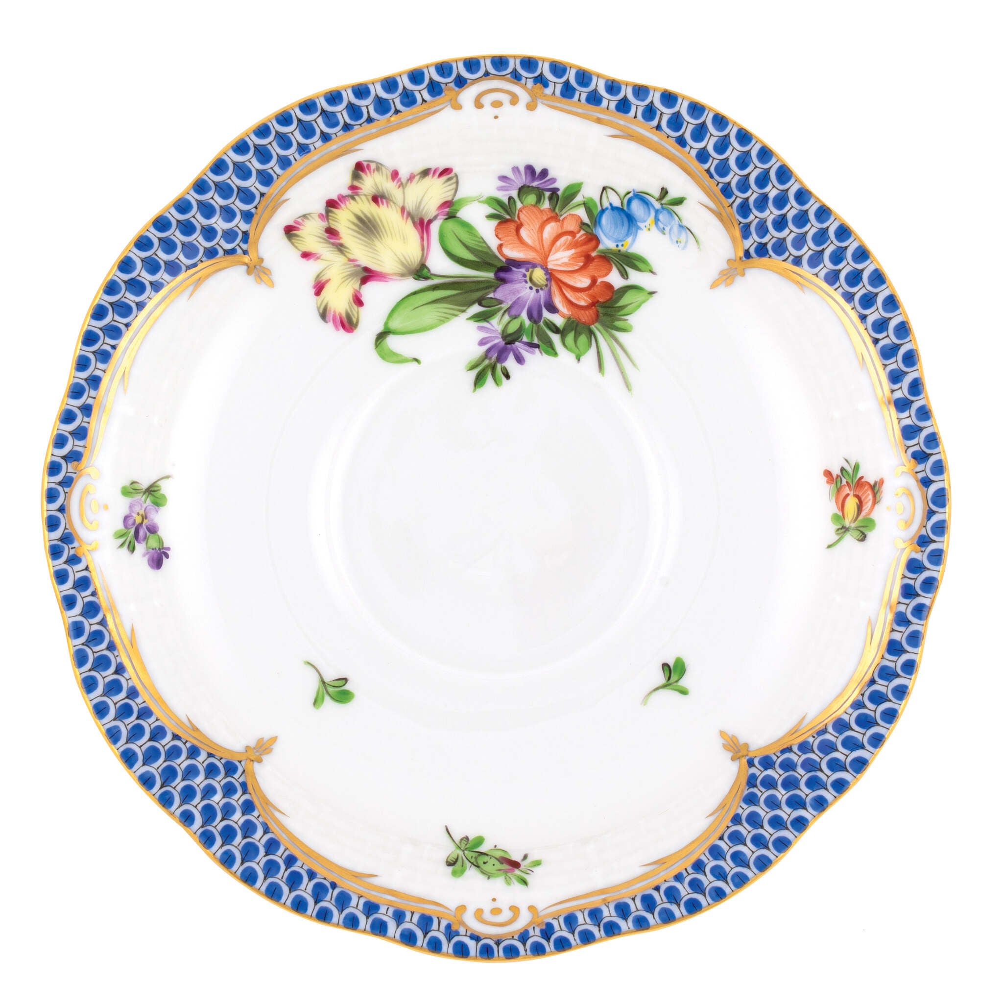 Hand-painted Herend Printemps Blue Border Tea Saucer Cup & Saucer Set in fine porcelain, 6in D,, Motif 5, on a white background