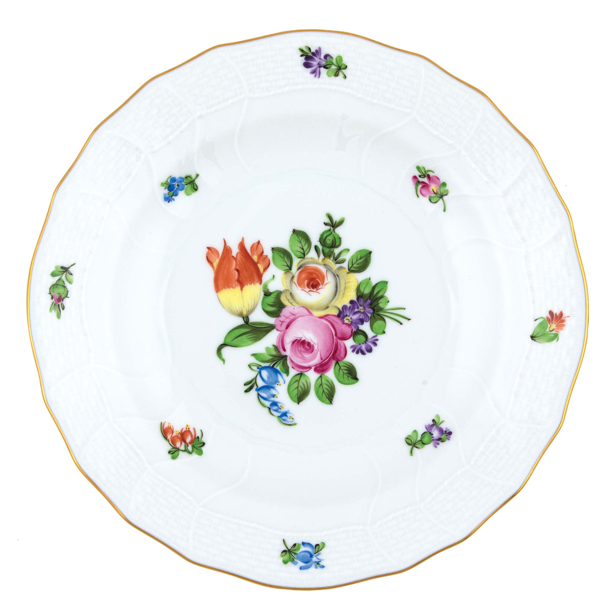 Hand-painted Herend Printemps Dessert Plate in fine porcelain, 8.25in D,, Motif 1, on a white background