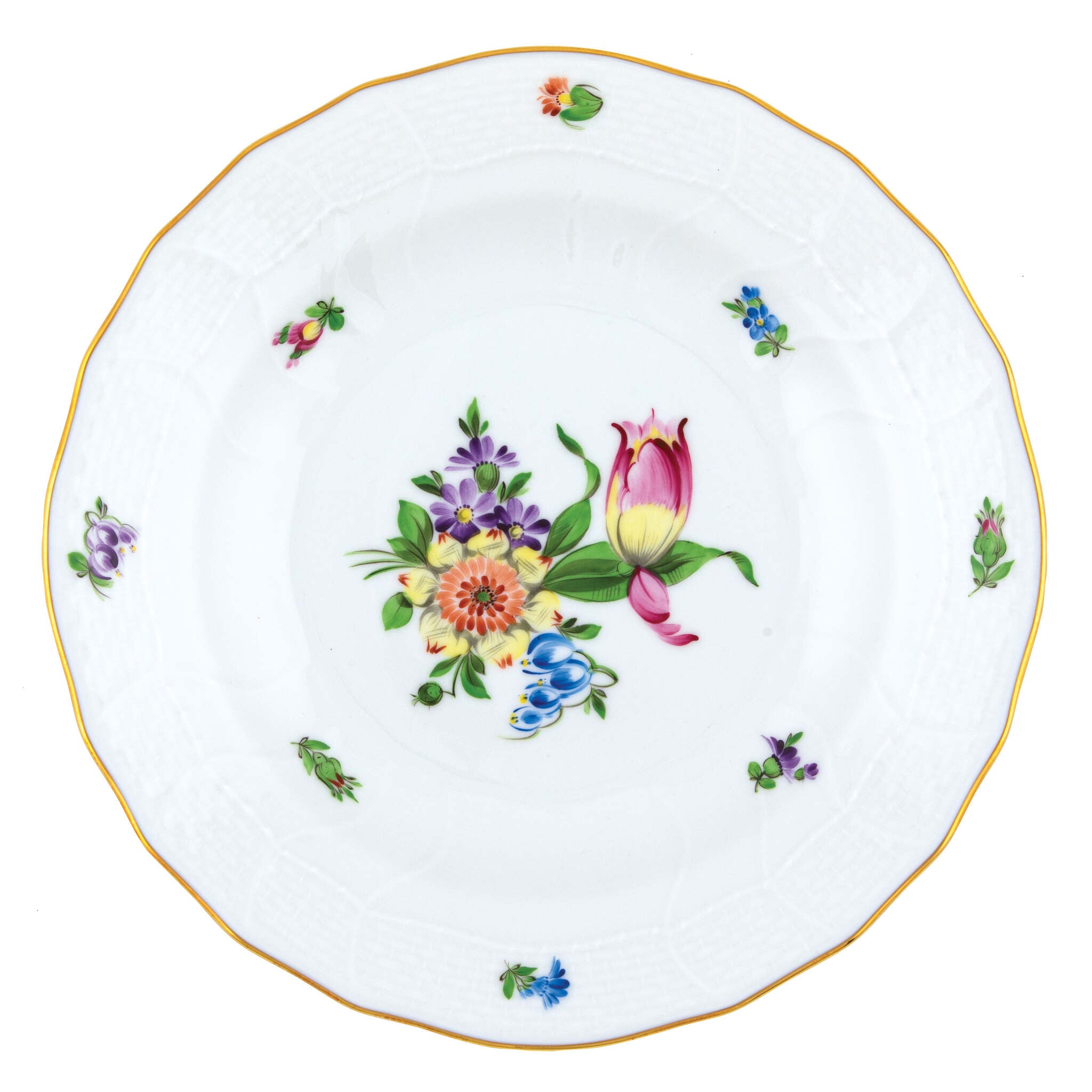 Hand-painted Herend Printemps Dessert Plate in fine porcelain, 8.25in D,, Motif 3, on a white background
