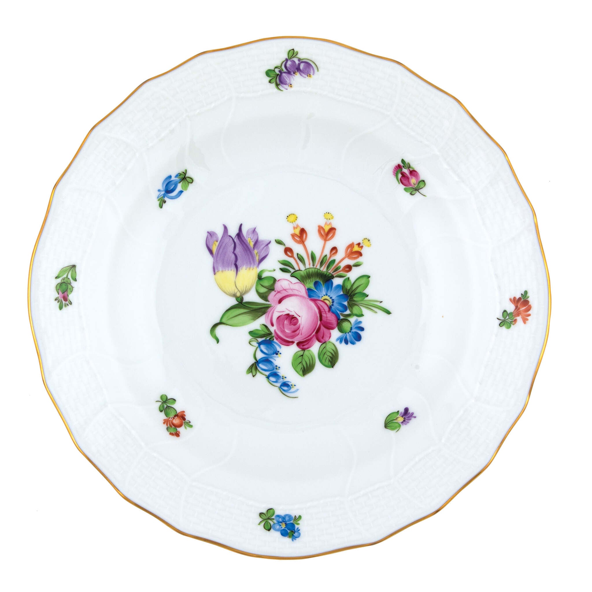Hand-painted Herend Printemps Dessert Plate in fine porcelain, 8.25in D,, Motif 4, on a white background