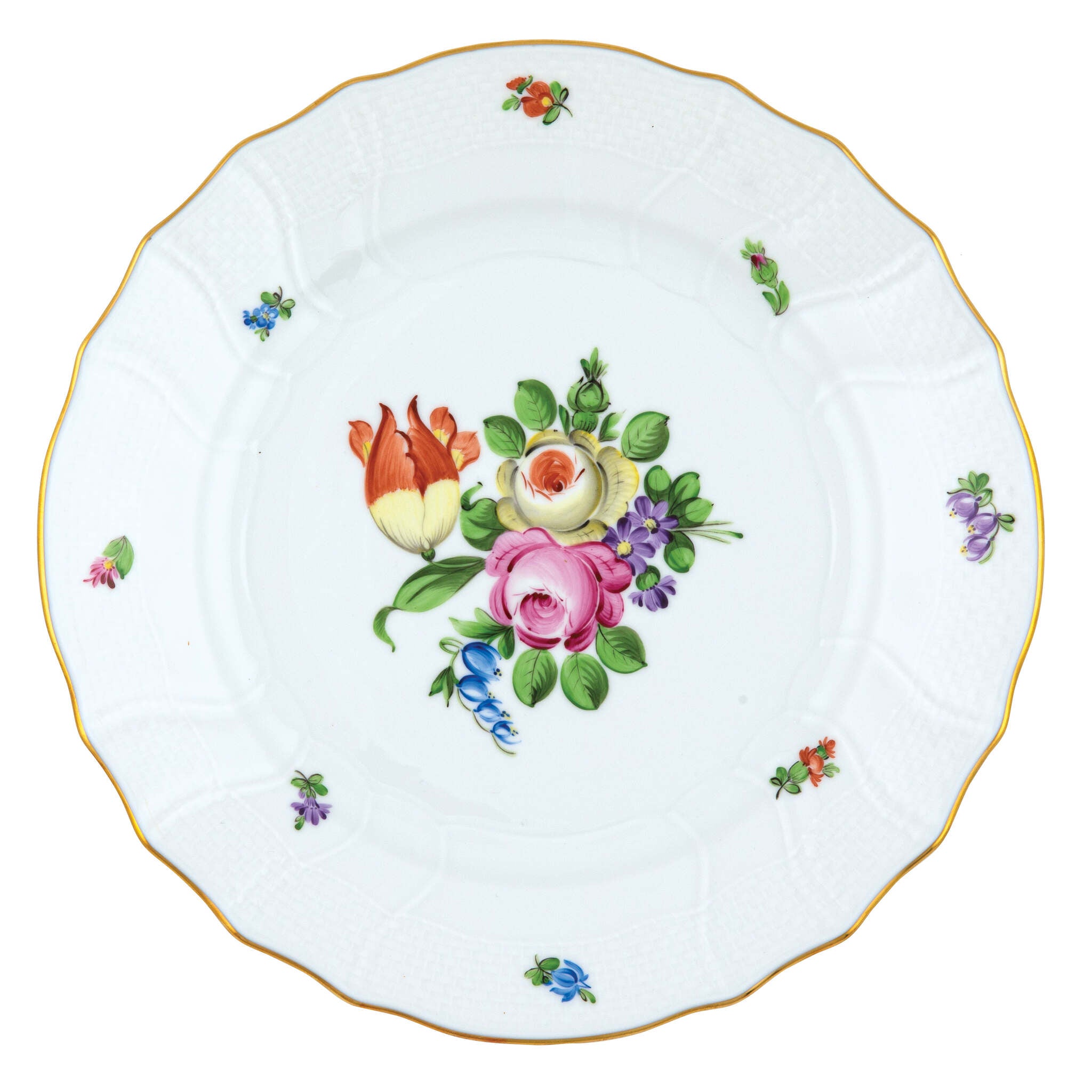 Hand-painted Herend Printemps Dinner Plate in fine porcelain, 10.5in D,, Motif 1, on a white background
