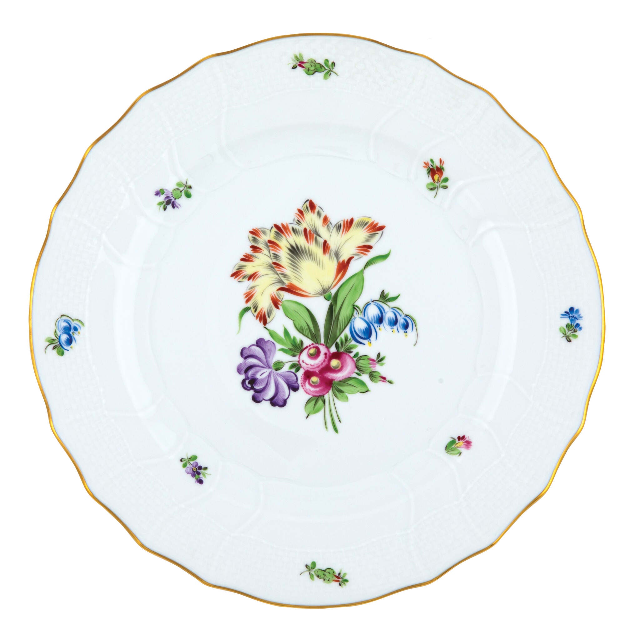 Hand-painted Herend Printemps Dinner Plate in fine porcelain, 10.5in D,, Motif 6, on a white background