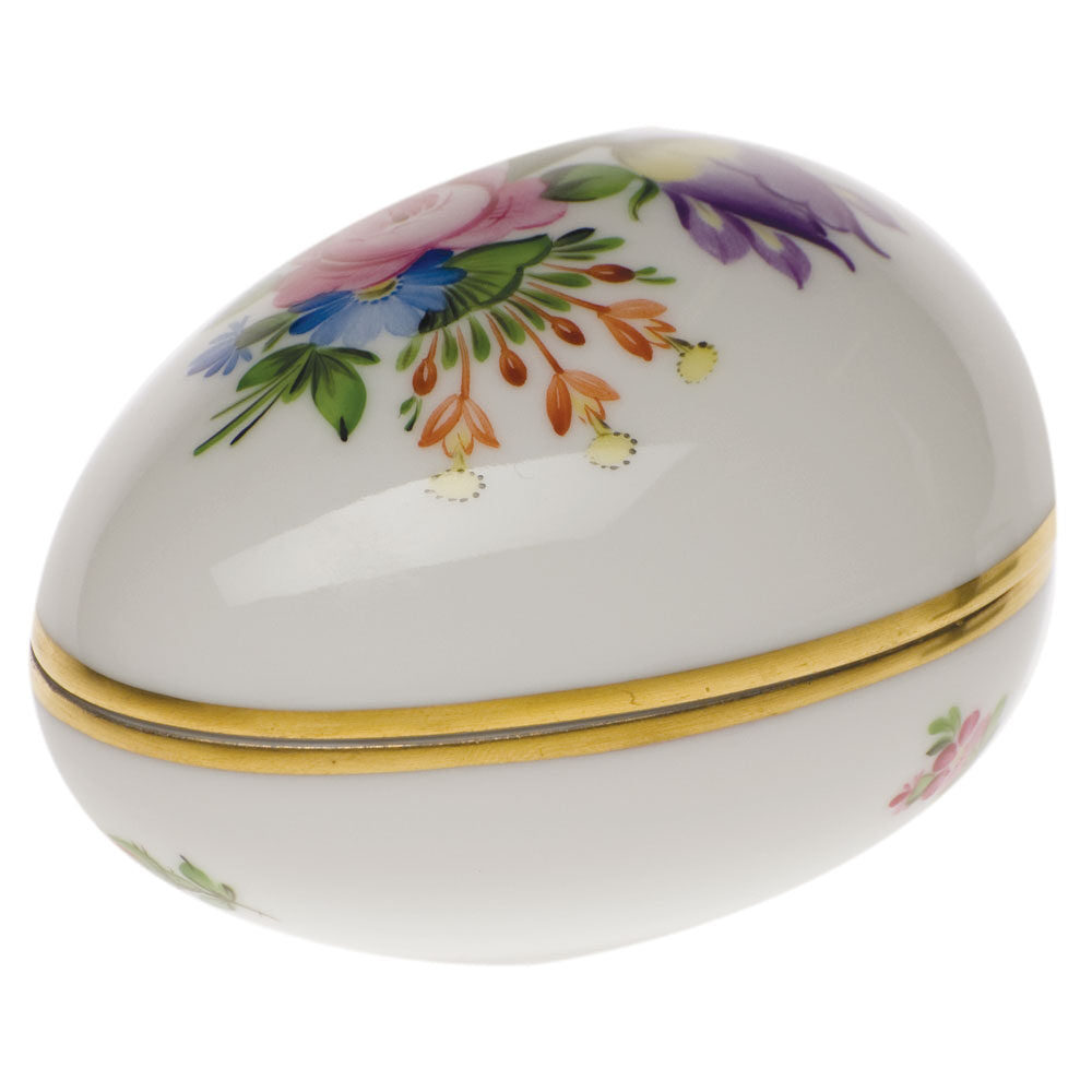 Hand-painted Herend Printemps Egg Bonbon Candy Dish in fine porcelain, 3in L X 3in H, on a white background