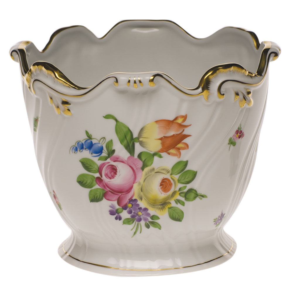 Hand-painted Herend Printemps Ribbed Cachepot in fine porcelain, 6.25in H X 7in D, on a white background