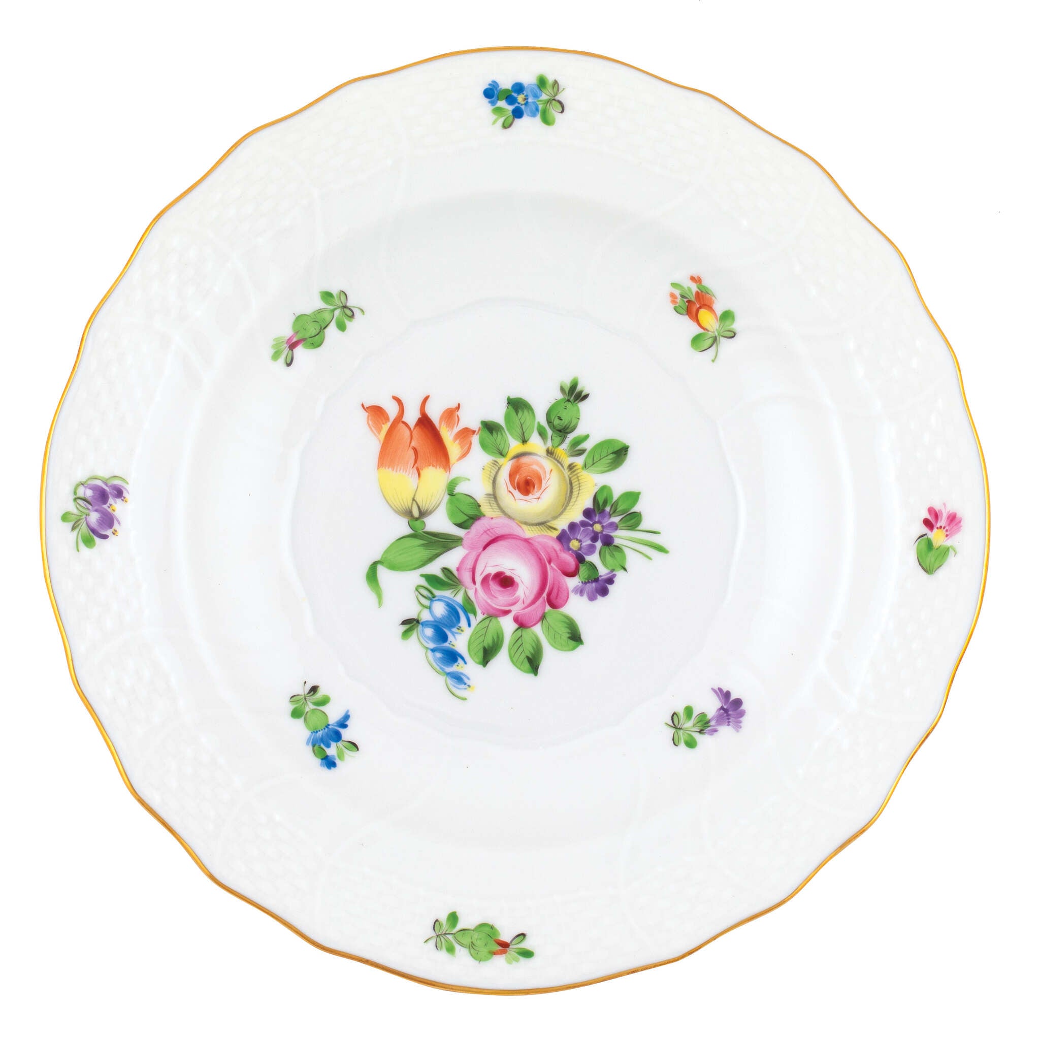 Hand-painted Herend Printemps Salad Plate in fine porcelain, 7.5in D,, Motif 1, on a white background
