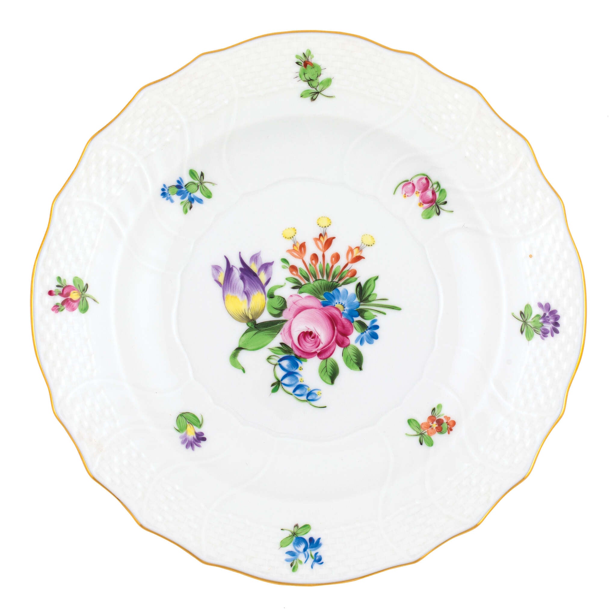 Hand-painted Herend Printemps Salad Plate in fine porcelain, 7.5in D,, Motif 4, on a white background