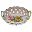 Hand-painted Herend Printemps Sm Openwork Basket with Handle in fine porcelain, 3.5in L X 2.5in W, on a white background