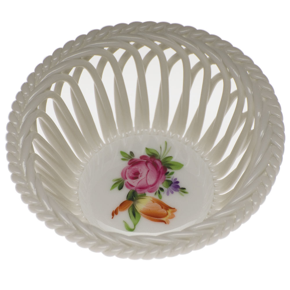 Hand-painted Herend Printemps Small Openwork Basket in fine porcelain, 3.75in D, on a white background
