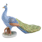 Hand-painted Herend Proud Peacock Figurine in fine porcelain, 9in L X 3.75in W X 6in H, on a white background