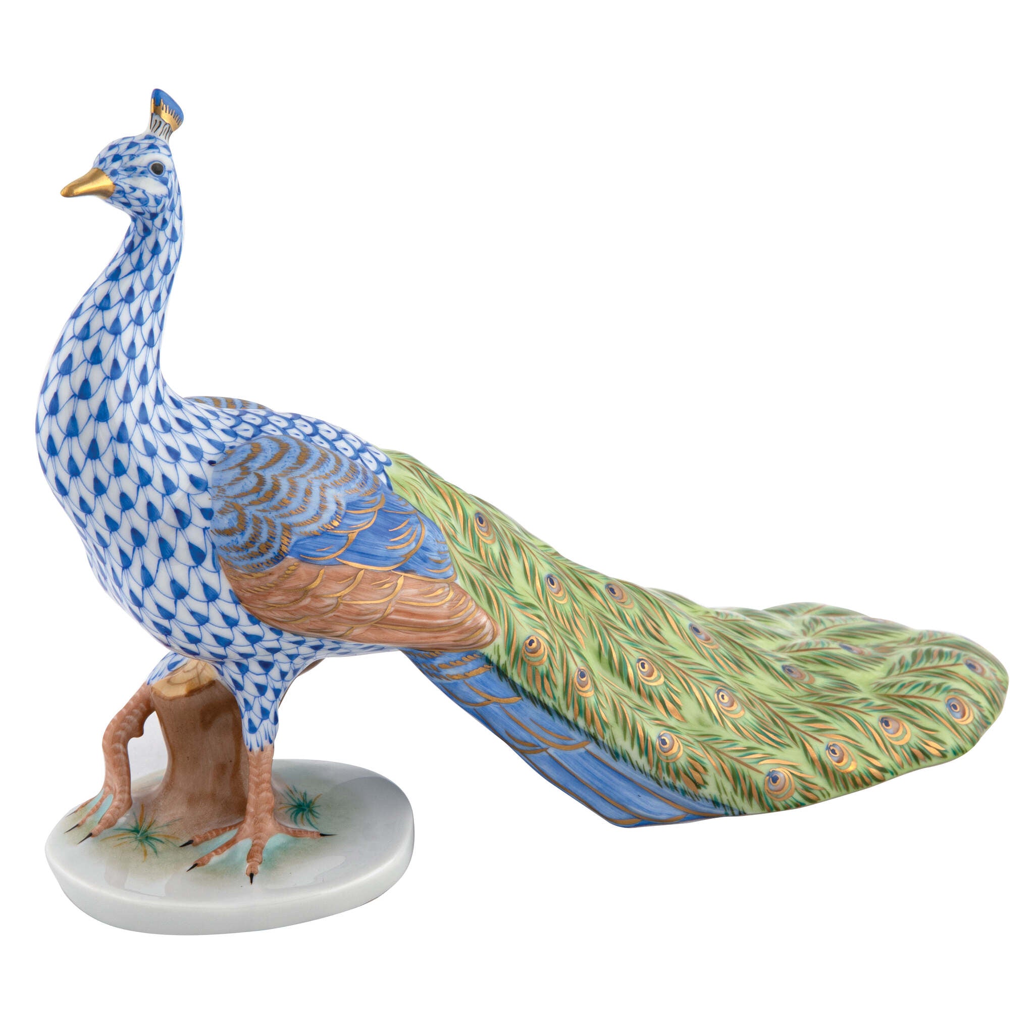Hand-painted Herend Proud Peacock Figurine in fine porcelain, 9in L X 3.75in W X 6in H, on a white background