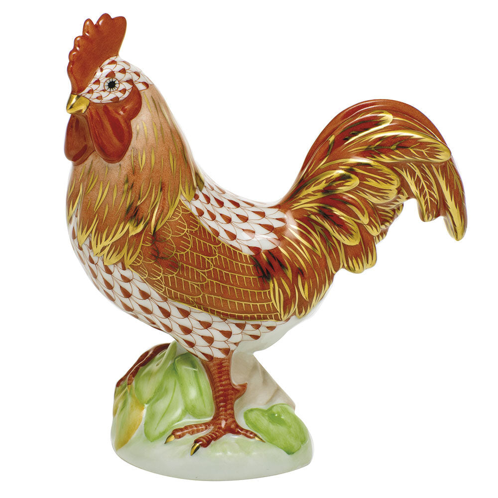 Hand-painted Herend Proud Rooster Figurine in Rust fishnet porcelain on a white background