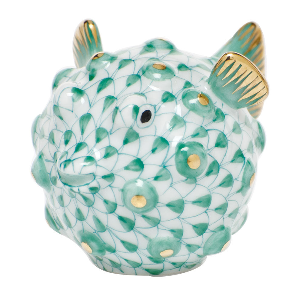 Green fishnet Puffer Fish Figurine figurine, hand-painted Herend porcelain with 24k gold accents