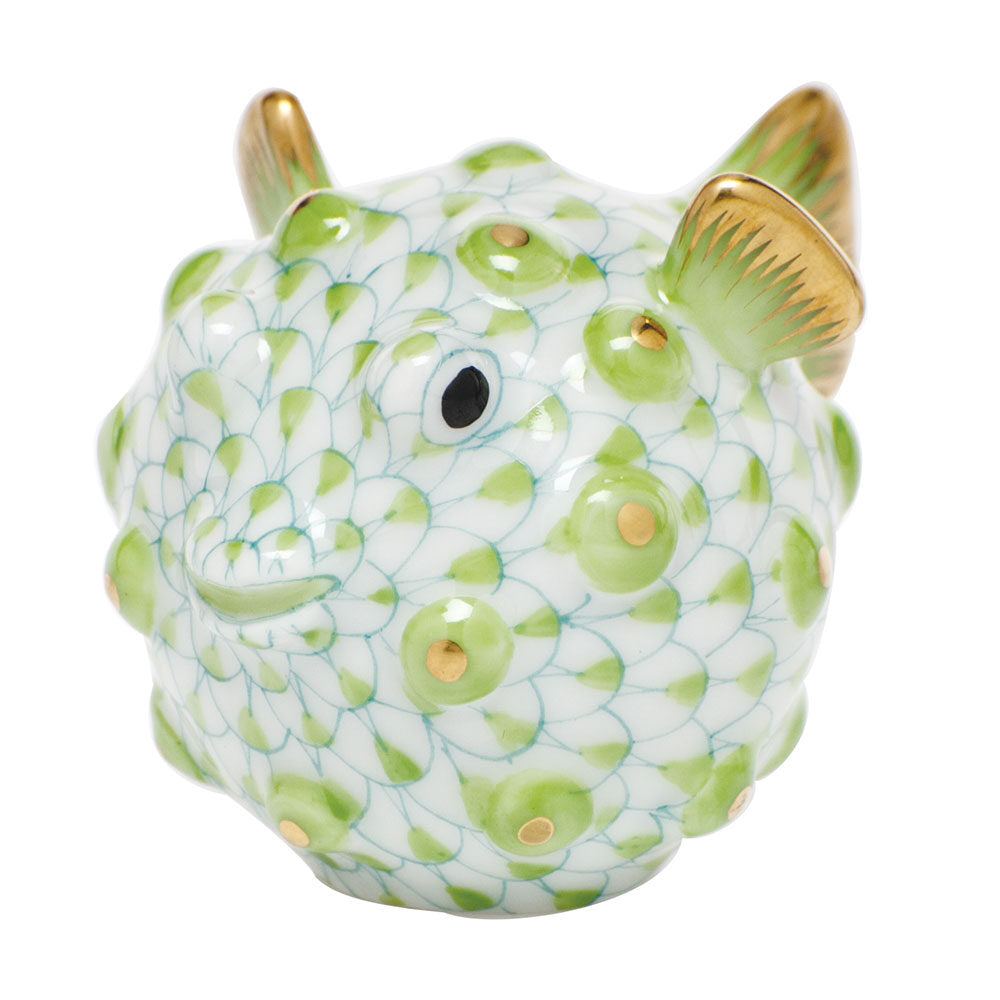 Key Lime fishnet Puffer Fish Figurine figurine, hand-painted Herend porcelain with 24k gold accents