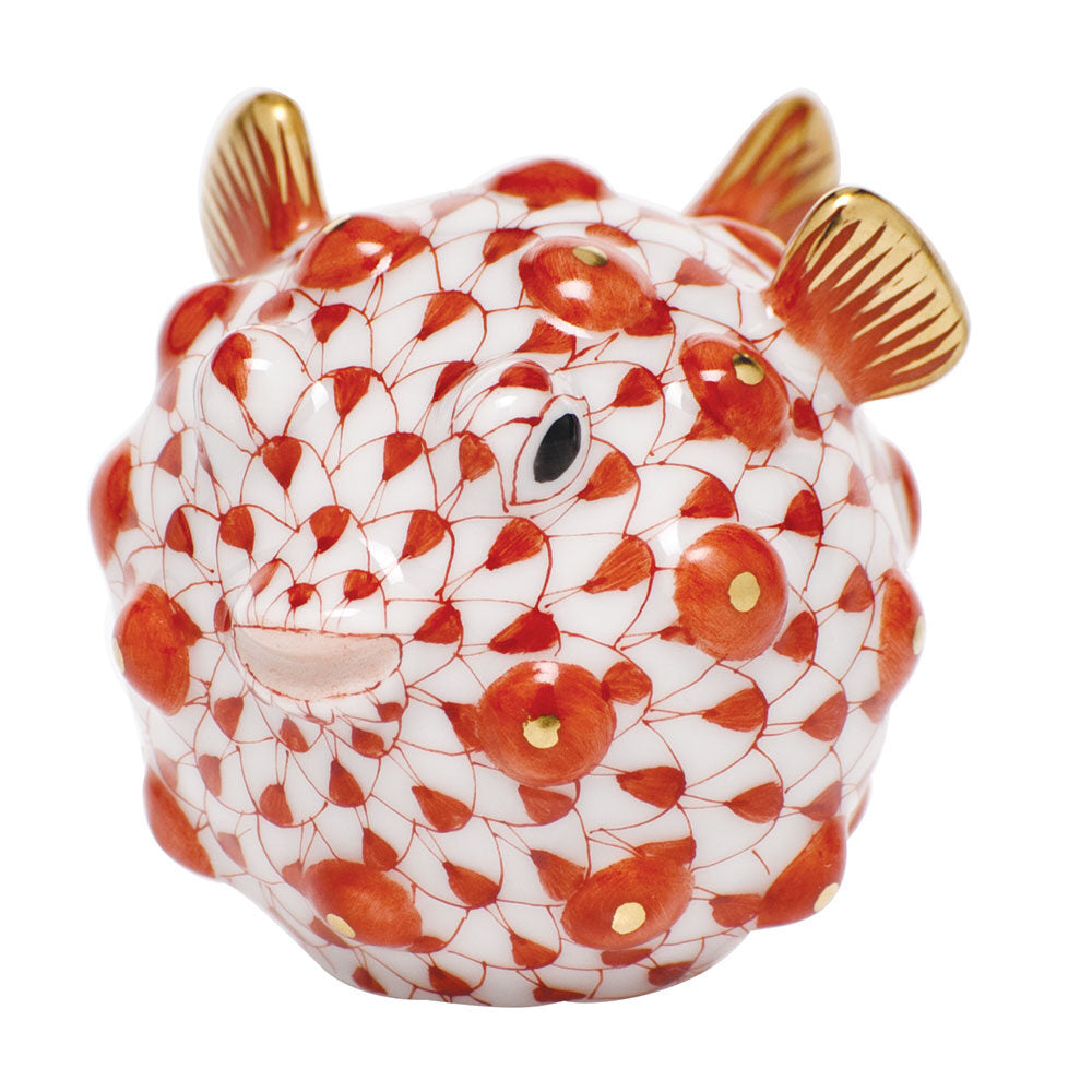 Rust fishnet Puffer Fish Figurine figurine, hand-painted Herend porcelain with 24k gold accents