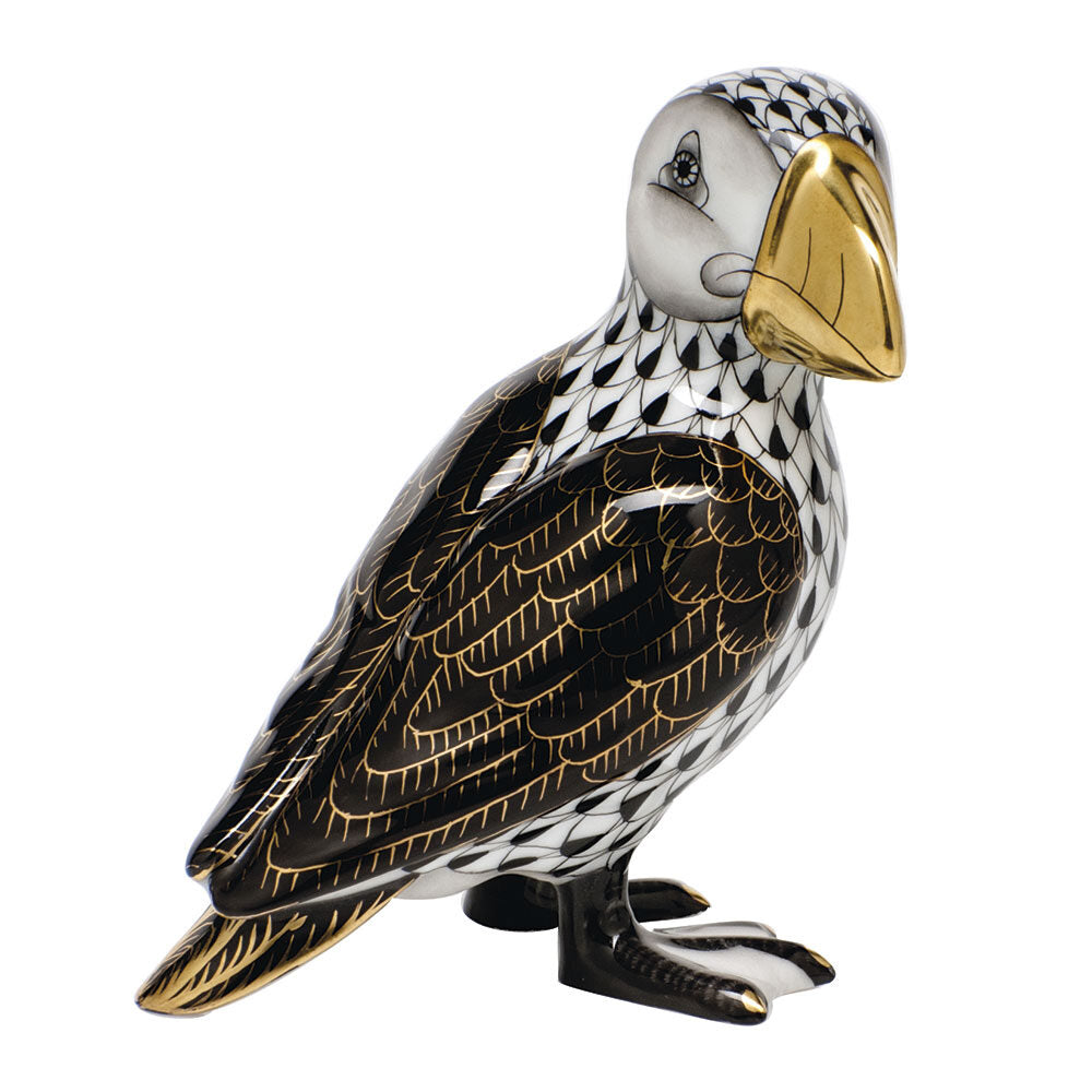 Hand-painted Herend Puffin Figurine in fine porcelain, 3in L X 3.25in H, on a white background