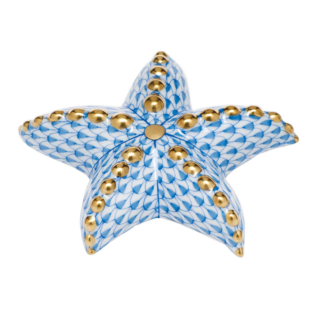 Blue fishnet Puffy Starfish Figurine figurine, hand-painted Herend porcelain with 24k gold accents