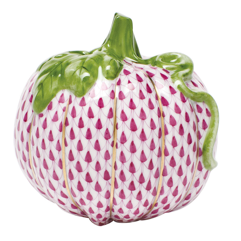 Hand-painted Herend Pumpkin Figurine in Raspberry fishnet porcelain on a white background