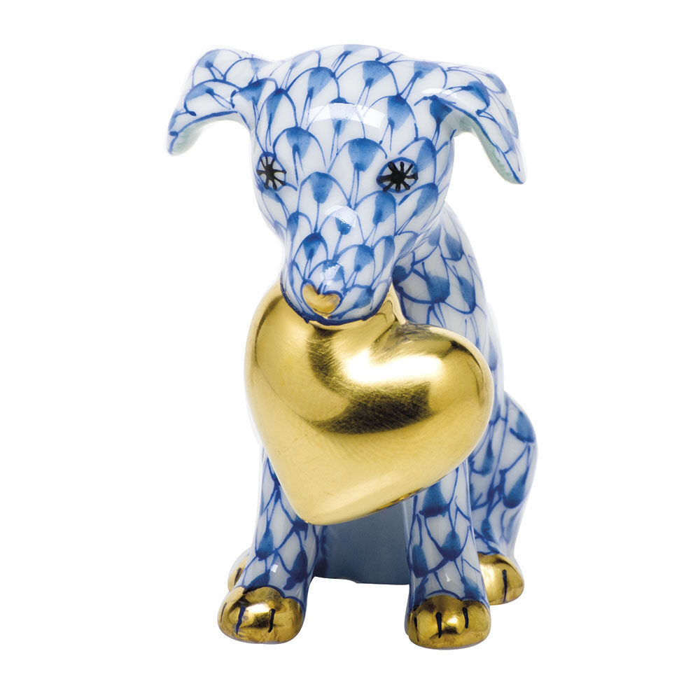 Blue fishnet Puppy Love Figurine figurine, hand-painted Herend porcelain with 24k gold accents