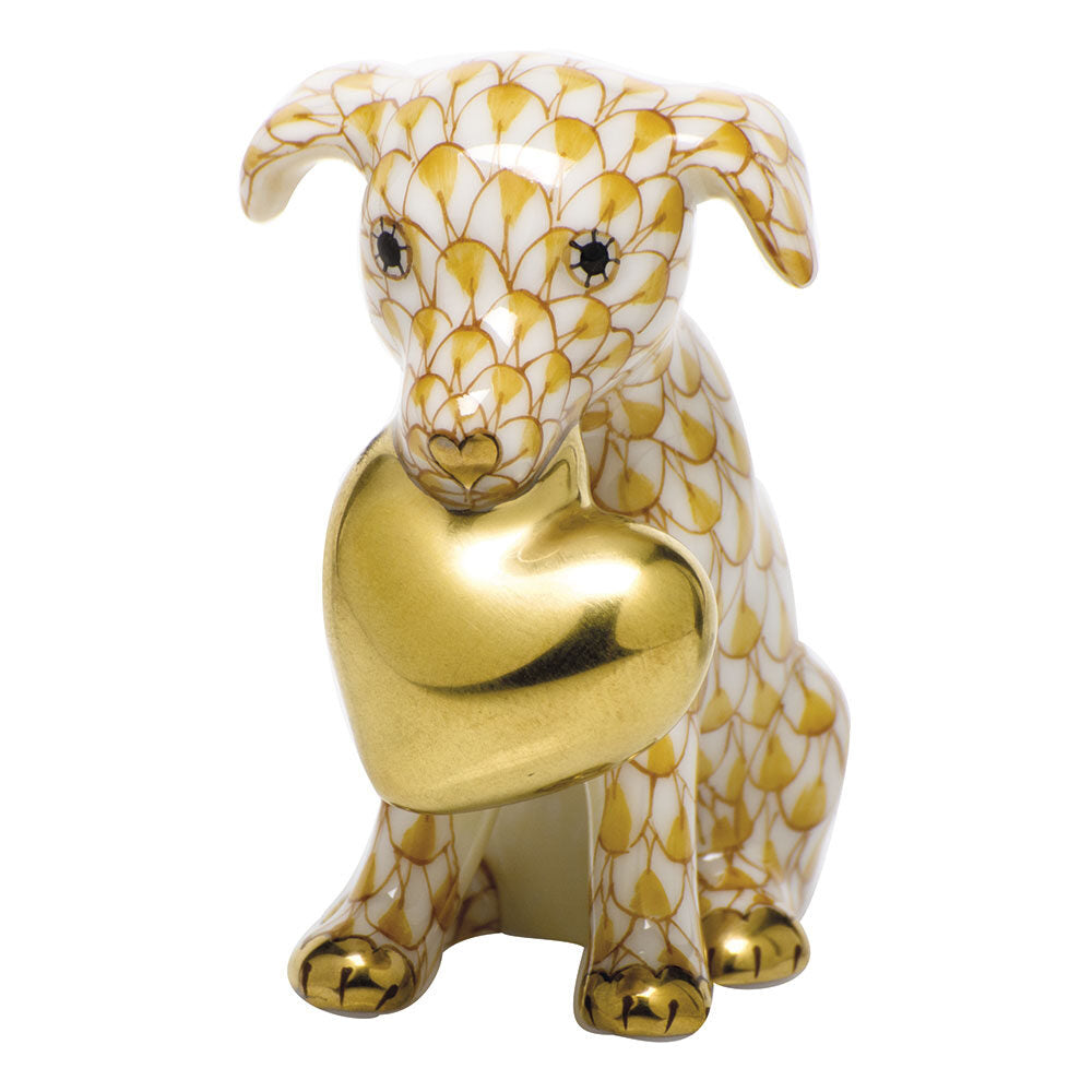 Hand-painted Herend Puppy Love Figurine in Butterscotch fishnet porcelain on a white background