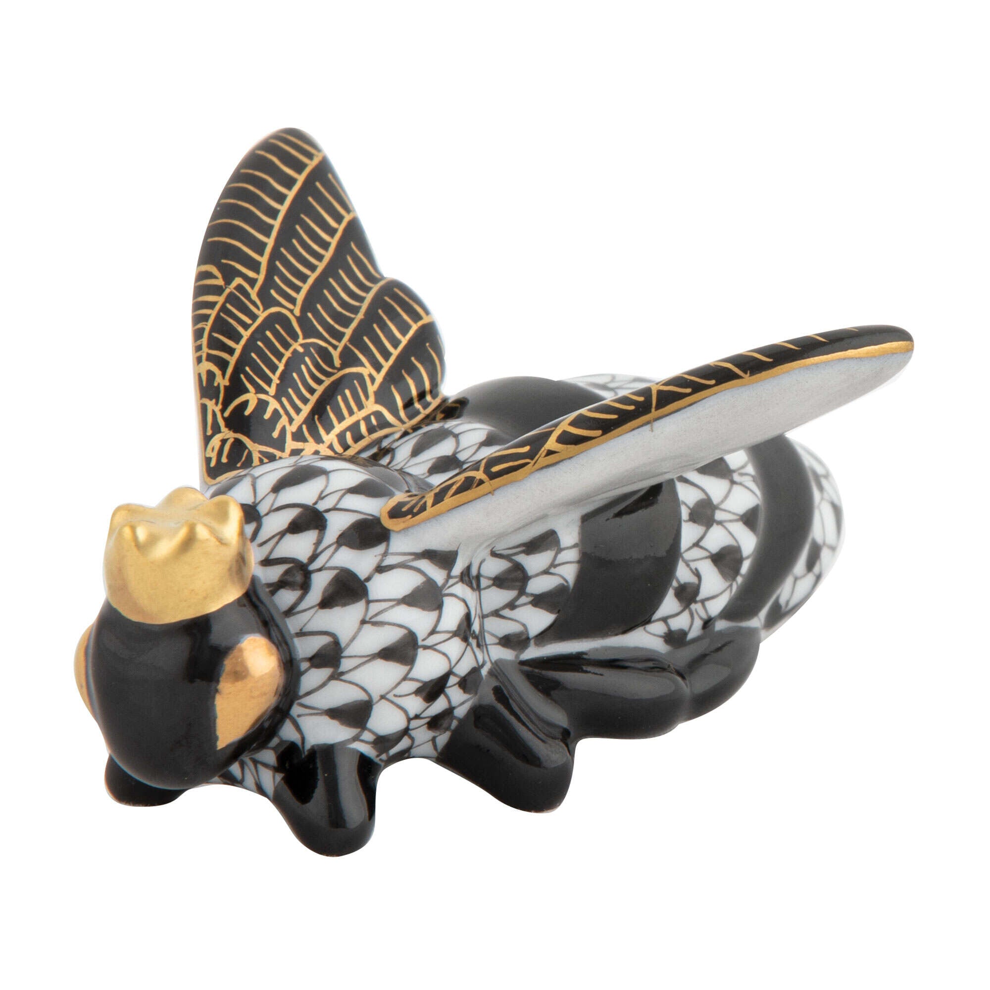 Hand-painted Herend Queen Bee Figurine in Black fishnet porcelain on a white background