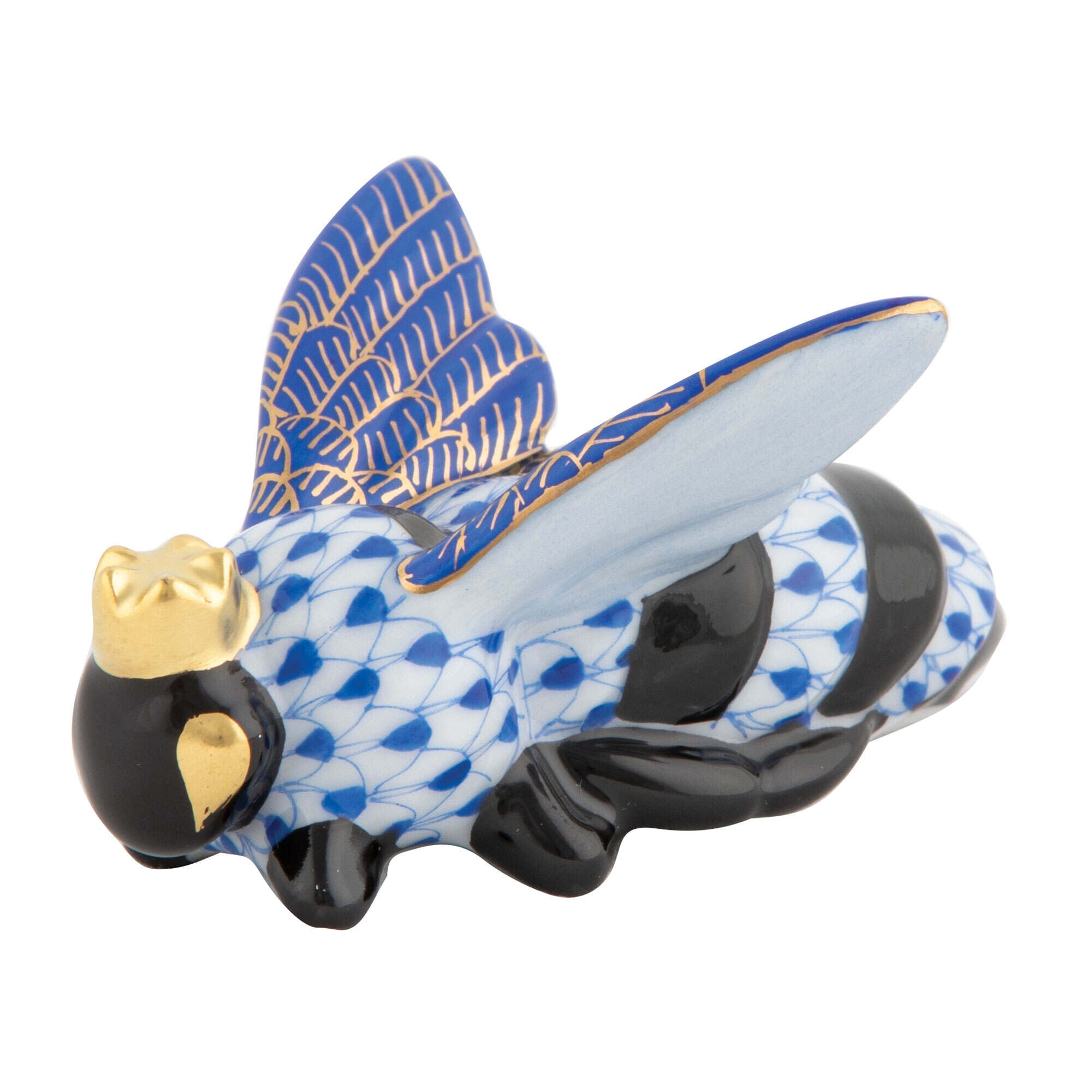 Sapphire fishnet Queen Bee Figurine figurine, hand-painted Herend porcelain with 24k gold accents