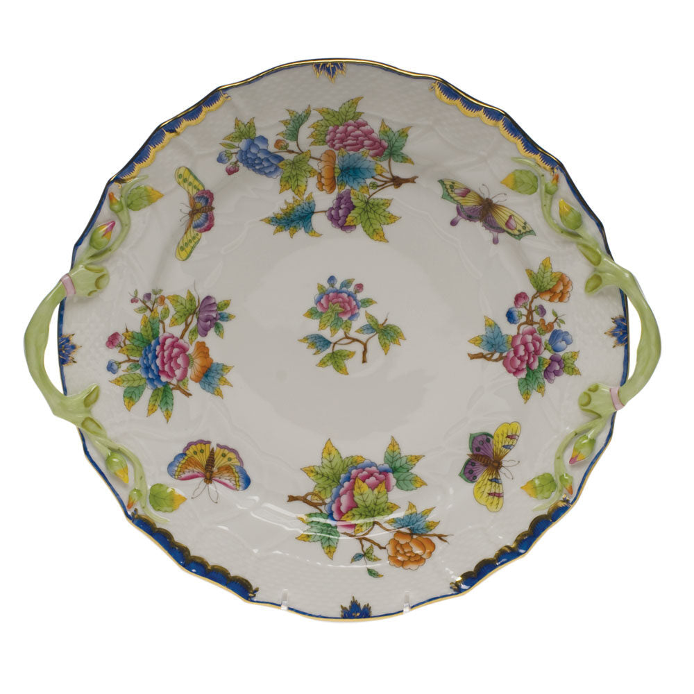 Hand-painted Herend Queen Victoria (Blue) Chop Plate with Handles in fine porcelain, 12in D, on a white background