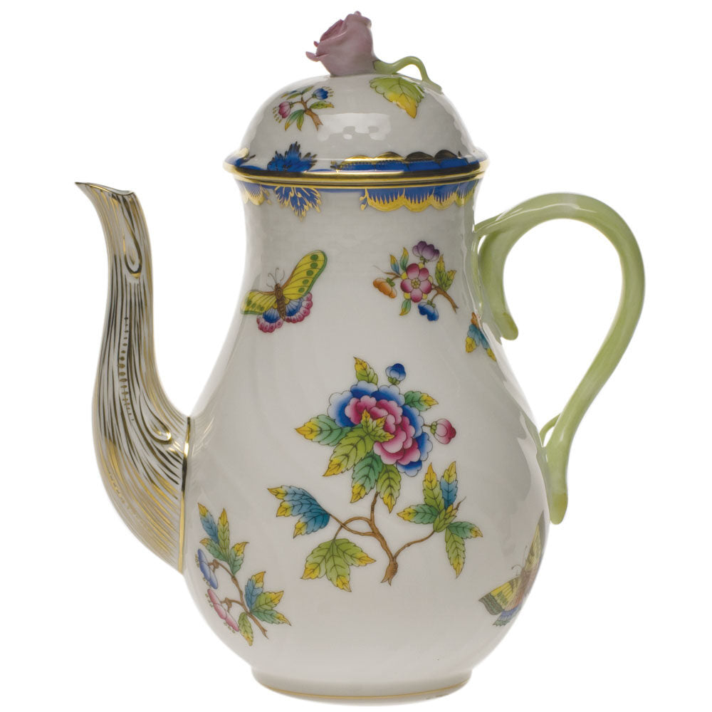 Hand-painted Herend Queen Victoria (Blue) Coffee Pot with Rose Coffeepot in fine porcelain, (36 OZ) 8.5in H, on a white background