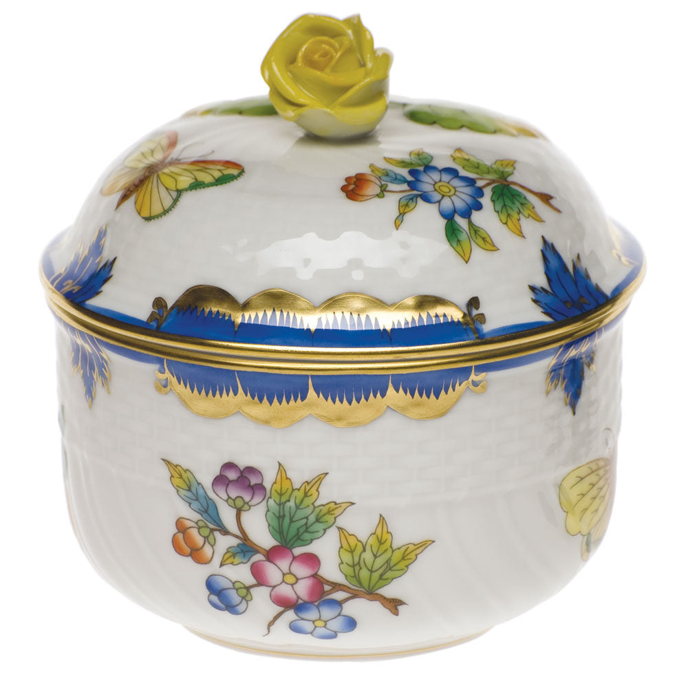 Hand-painted Herend Queen Victoria (Blue) Covered Sugar with Rose Sugar Bowl in fine porcelain, (6 OZ) 4in H, on a white background