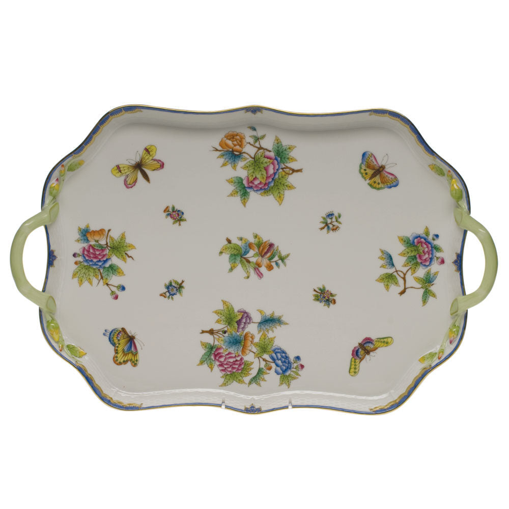 Hand-painted Herend Queen Victoria (Blue) Rec Tray with Branch Handles in fine porcelain, 18in L, on a white background