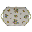 Hand-painted Herend Queen Victoria (Blue) Rec Tray with Branch Handles in fine porcelain, 18in L, on a white background