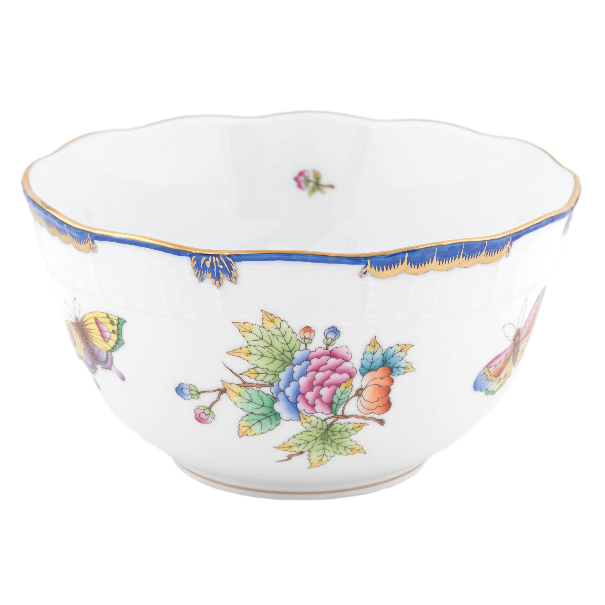 Hand-painted Herend Queen Victoria (Blue) Round Bowl in fine porcelain, (3.5 PT) 7.5in D, on a white background
