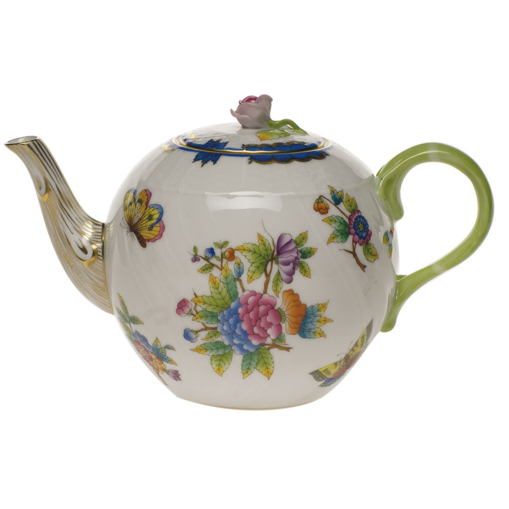 Hand-painted Herend Queen Victoria (Blue) Tea Pot with Rose Teapot in fine porcelain, (36 OZ) 5.5in H, on a white background