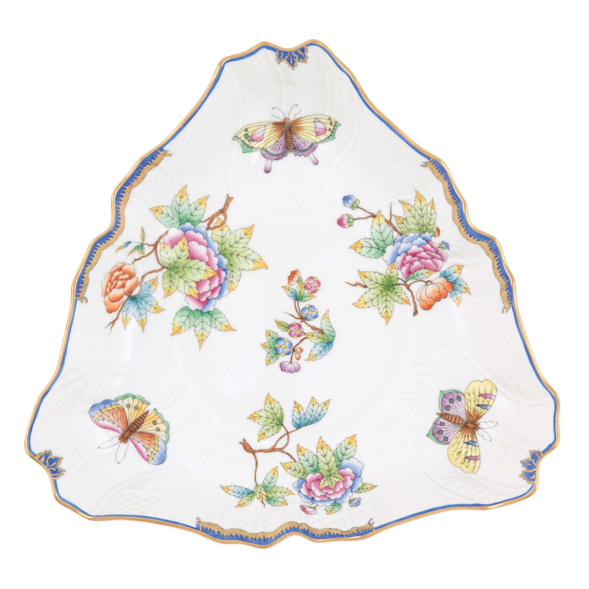 Hand-painted Herend Queen Victoria (Blue) Triangle Dish in fine porcelain, 9.5in L, on a white background