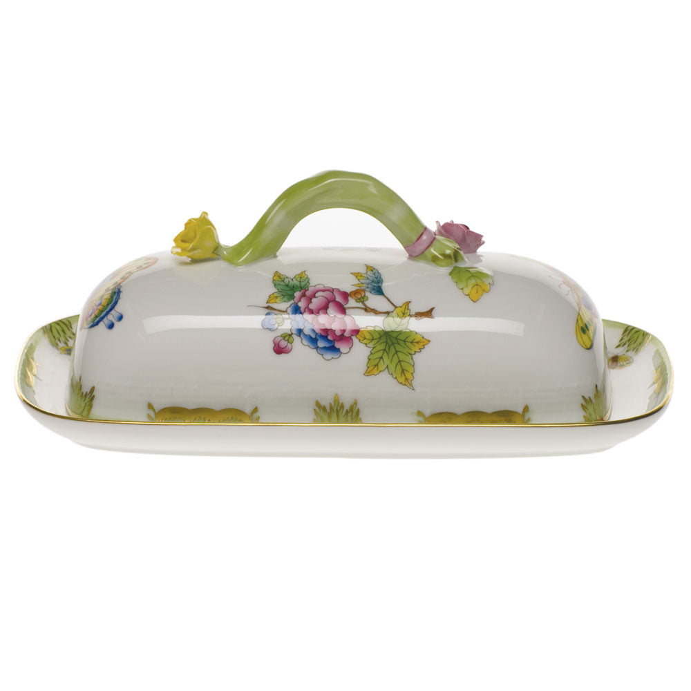 Hand-painted Herend Queen Victoria Butter Dish with Branch in fine porcelain, 8.5in L, on a white background