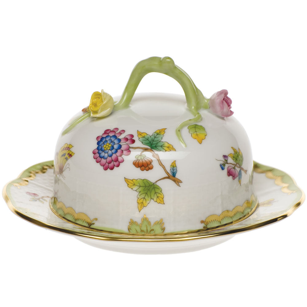 Hand-painted Herend Queen Victoria Covered Butter Dish in fine porcelain, 6in D X 3.5in H, on a white background