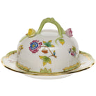Hand-painted Herend Queen Victoria Covered Butter Dish in fine porcelain, 6in D X 3.5in H, on a white background
