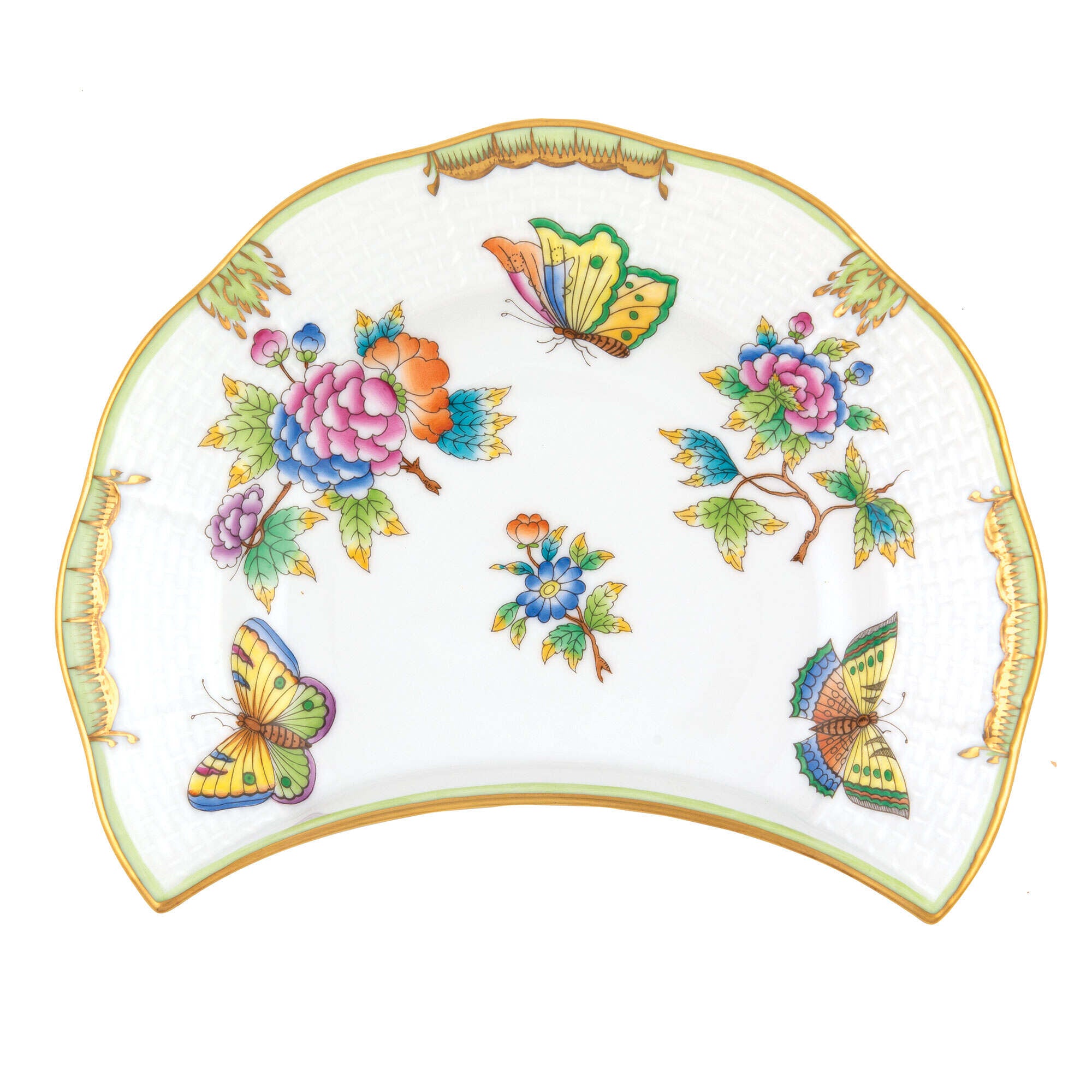 Hand-painted Herend Queen Victoria Crescent Salad Salad Plate in fine porcelain, 7.25in L X 5in W, on a white background