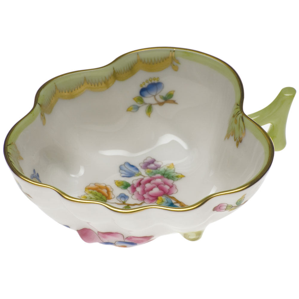 Hand-painted Herend Queen Victoria Deep Leaf Dish in fine porcelain, 4in L X 3in W, on a white background
