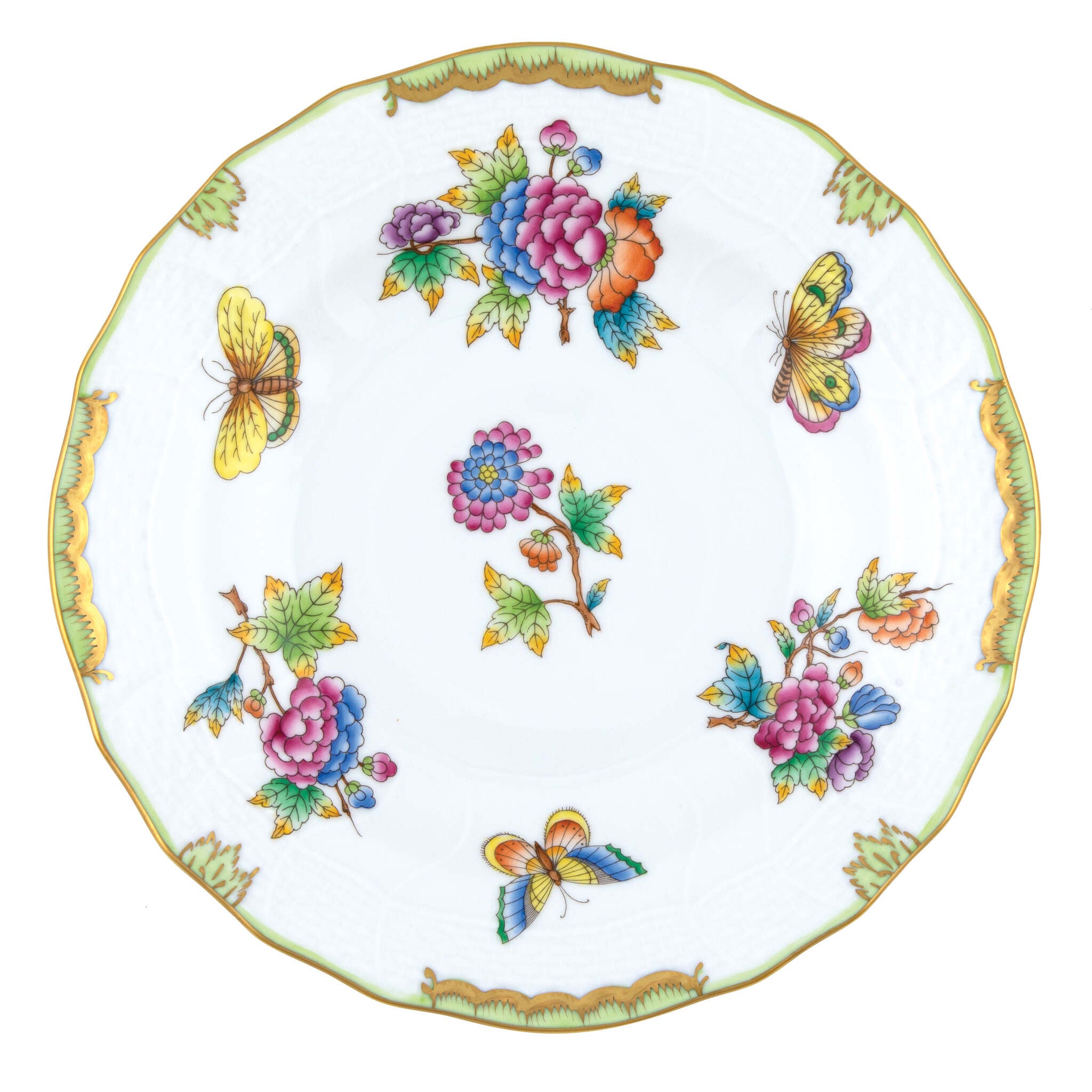 Hand-painted Herend Queen Victoria Dessert Plate in fine porcelain, 8.25in D, on a white background
