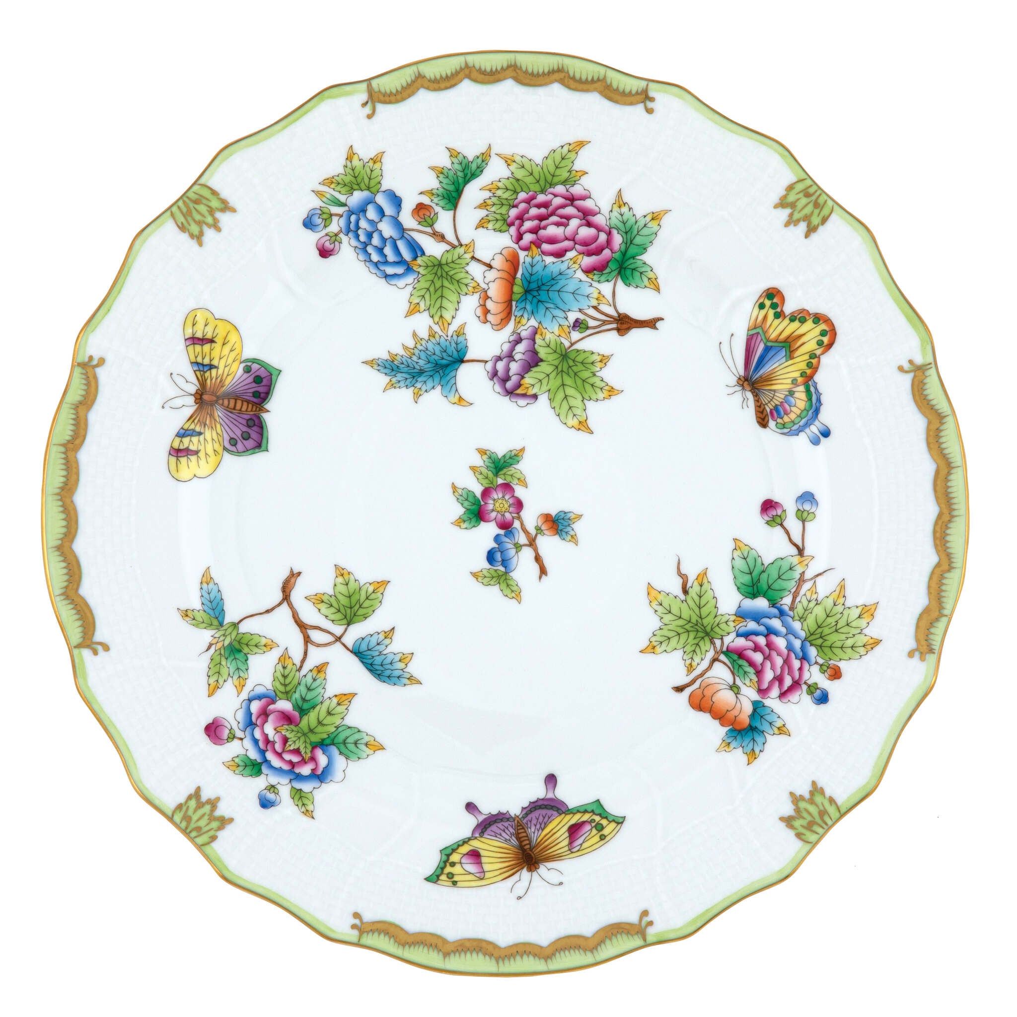 Hand-painted Herend Queen Victoria Dinner Plate in fine porcelain, 10.5in D, on a white background