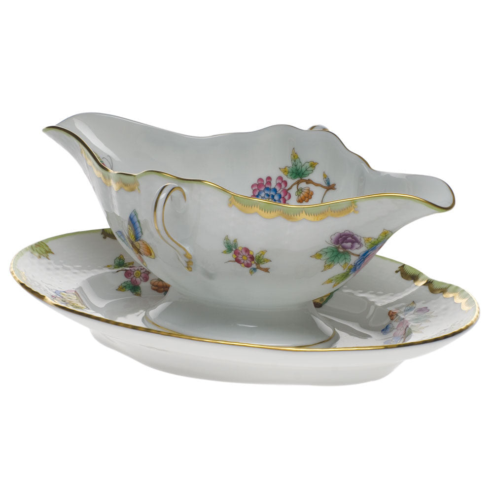 Hand-painted Herend Queen Victoria Gravy Boat with Fixed Stand in fine porcelain, on a white background
