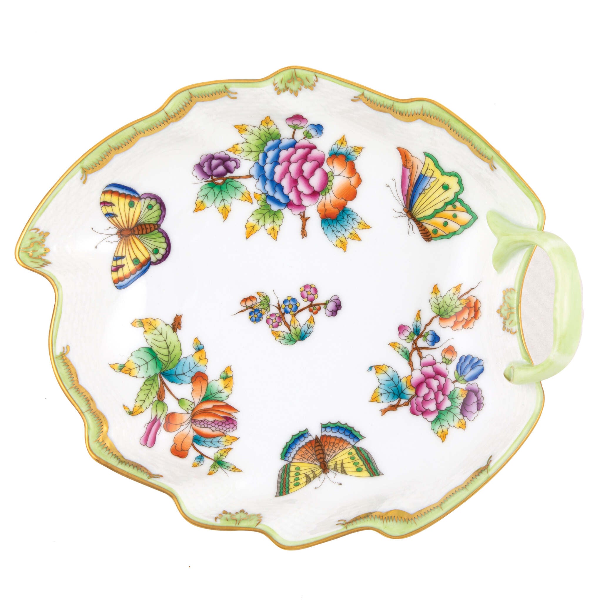Hand-painted Herend Queen Victoria Leaf Dish in fine porcelain, 9.5in L, on a white background