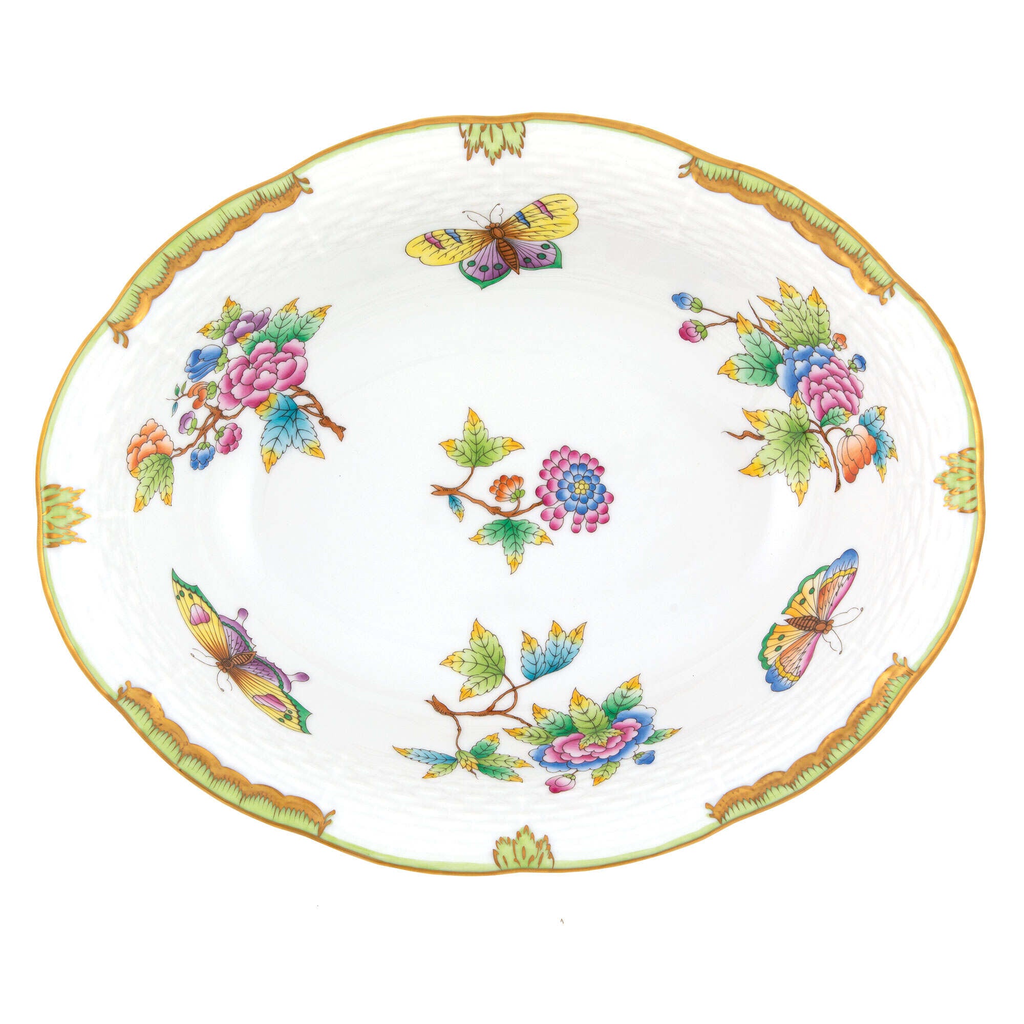 Hand-painted Herend Queen Victoria Oval Vegetable Dish Serving Bowl in fine porcelain, 10in L X 8in W, on a white background
